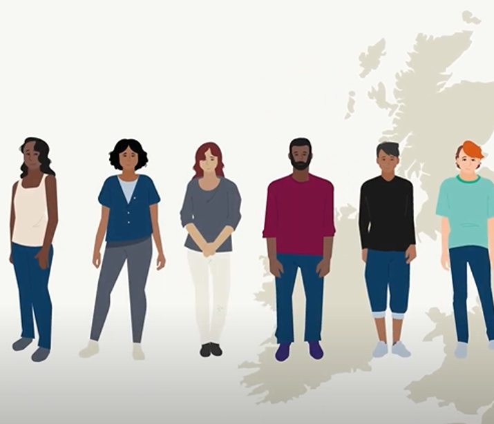 An illustration of six people stood in front of a map of the UK