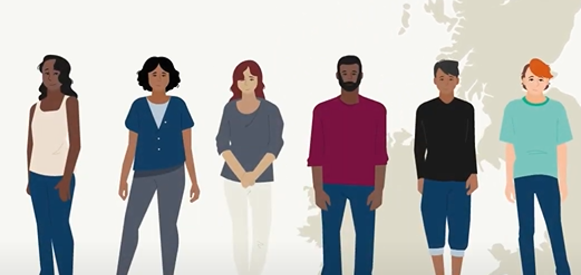 An illustration of six people stood in front of a map of the UK