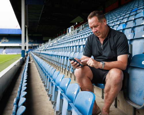 David Seaman sitting in the stands at Loftus Road taking the Drinking Check on his phone